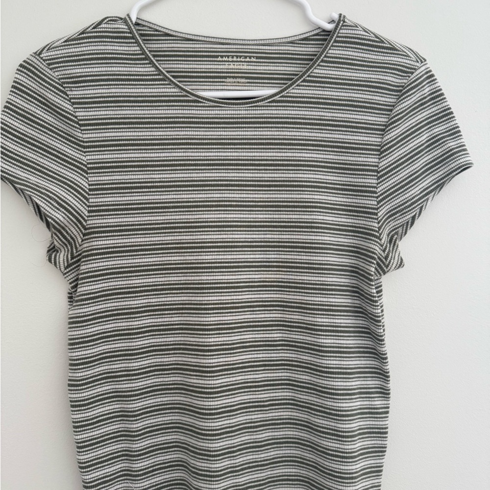 American Eagle Outfitters Green and White Striped Short Sleeve Tee